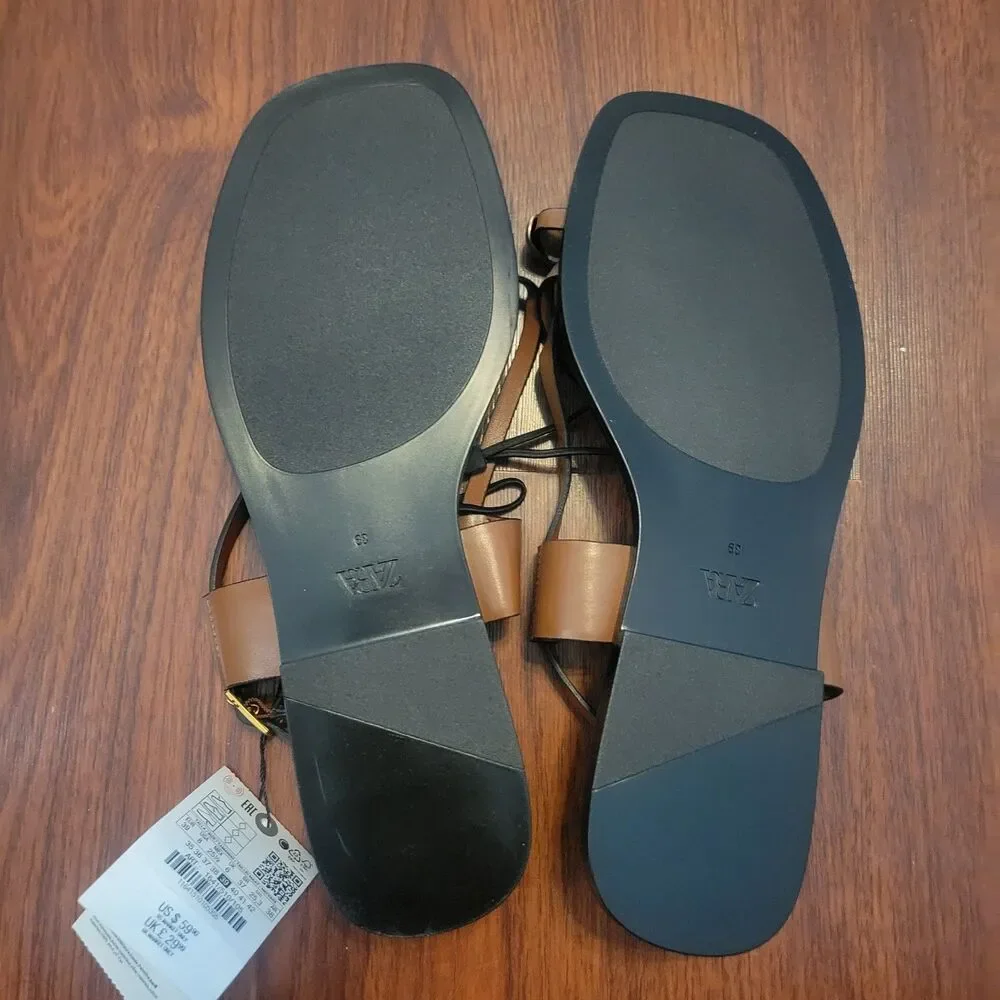 ZARA Brown Toe Ring Strappy Flat Sandals Gold Accent Women Size 8 EU 39 NWT - Picture 7 of 9